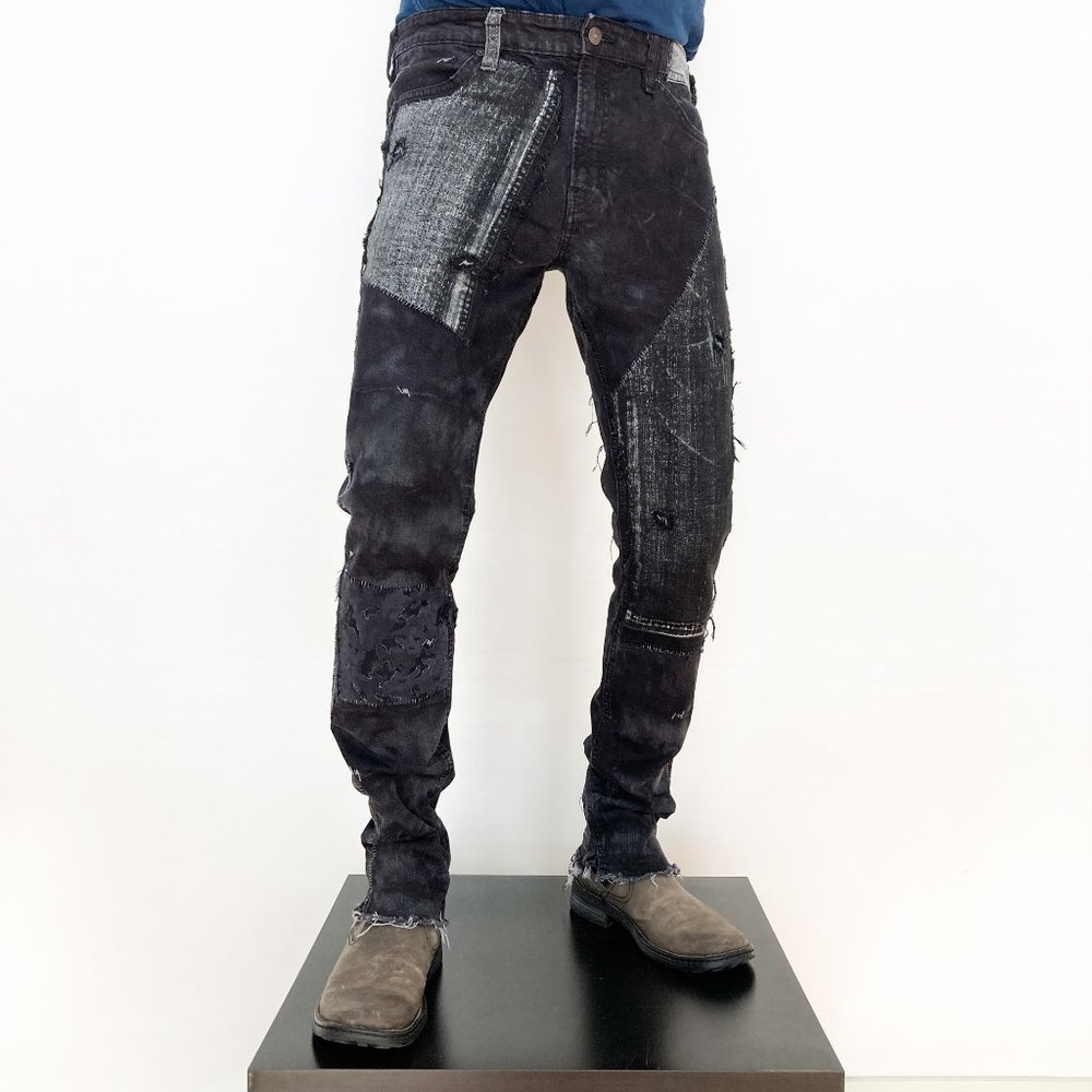 Black Rocker Jeans Acid Wash Metallic Silver Denim - Picture 3 of 16